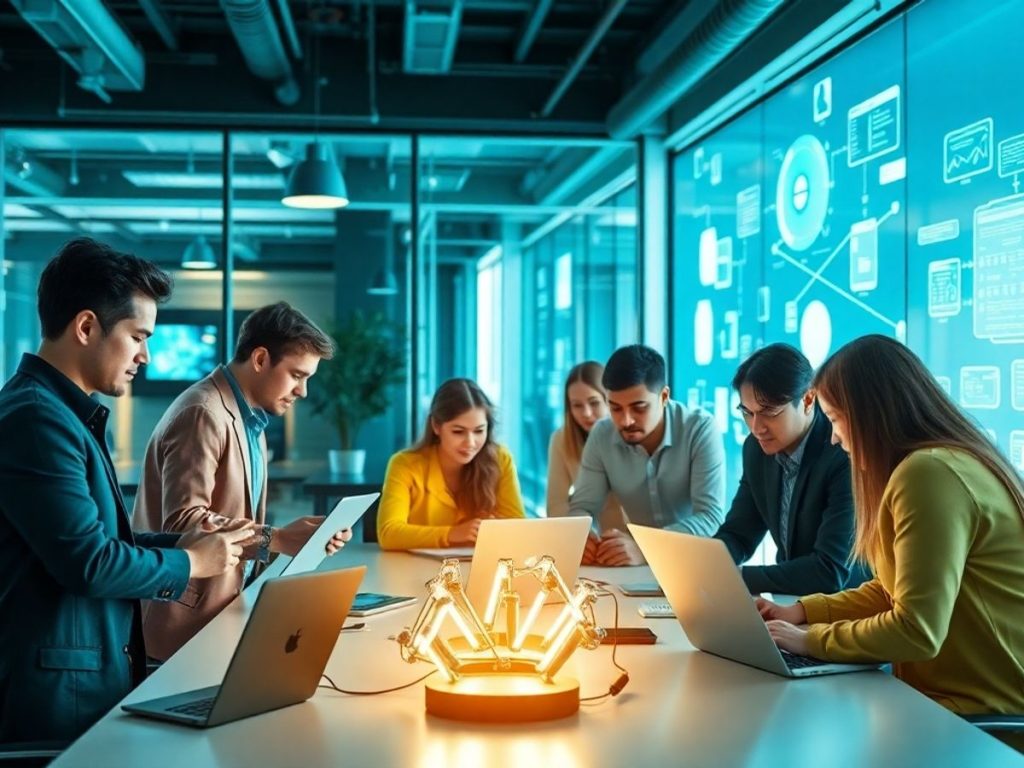 Spațiu de lucru modern cu echipamente digitale și colaborare.