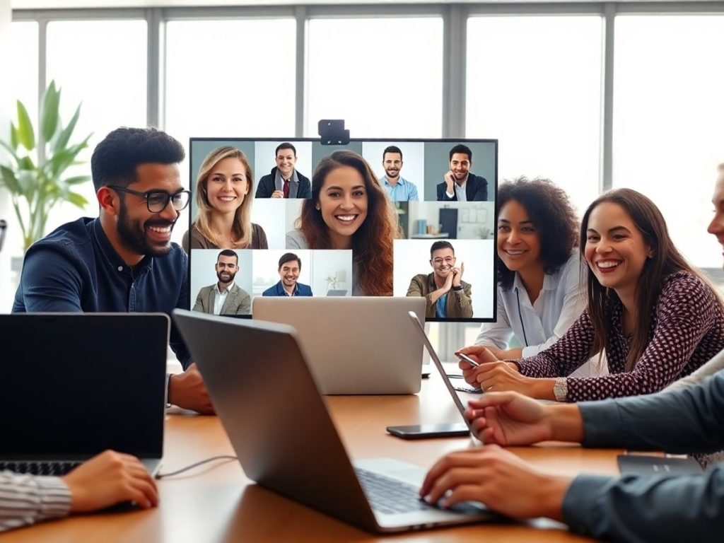 Profesionisti colaborând prin videoconferință într-un birou modern.
