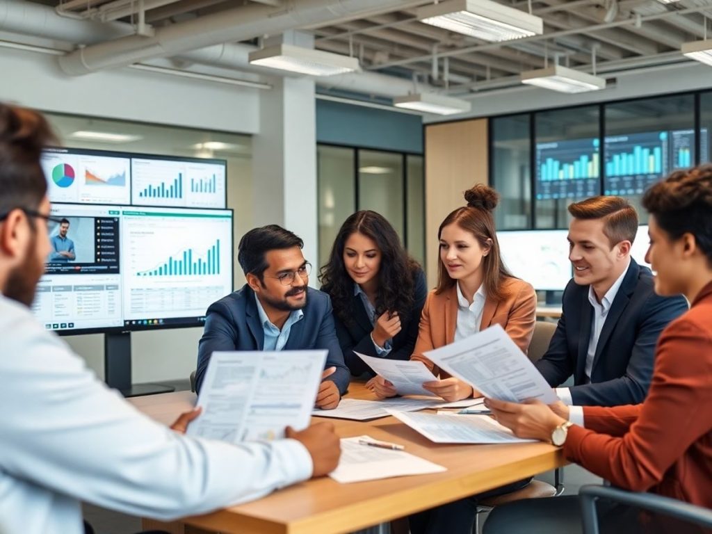 Echipă diversă analizează date financiare în birou modern.