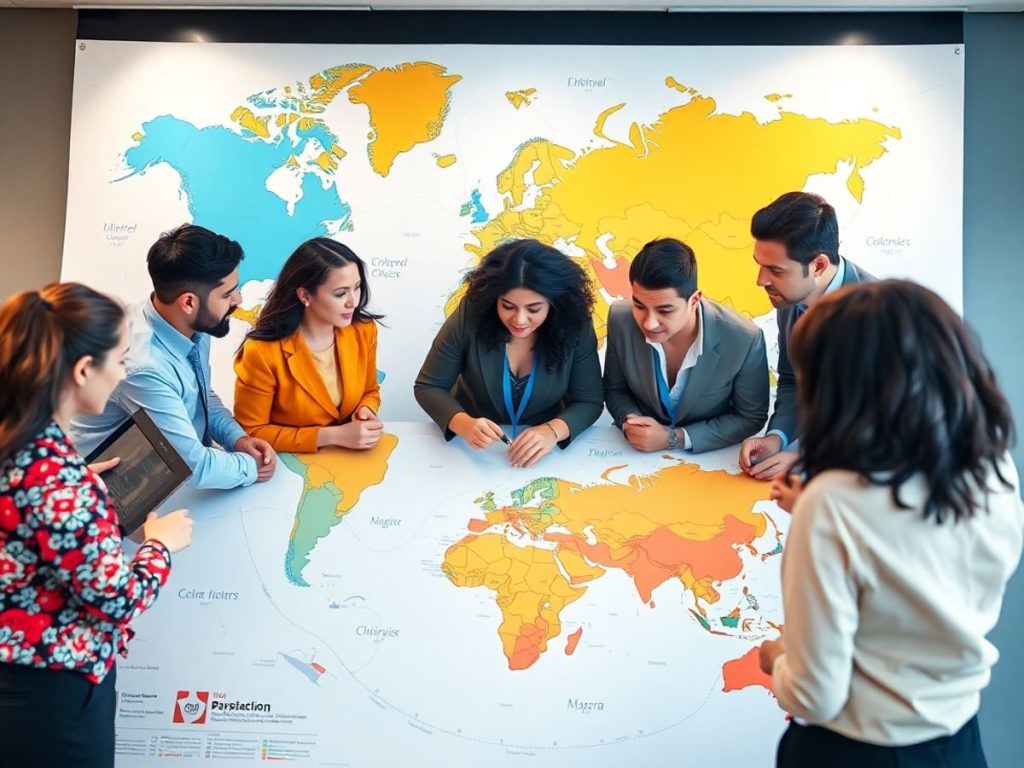 Echipa diversă discutând despre afaceri internaționale.