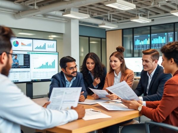 Echipă diversă analizează date financiare în birou modern.