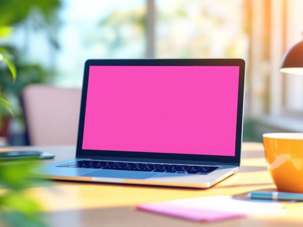 Birou modern cu laptop și cană de cafea.